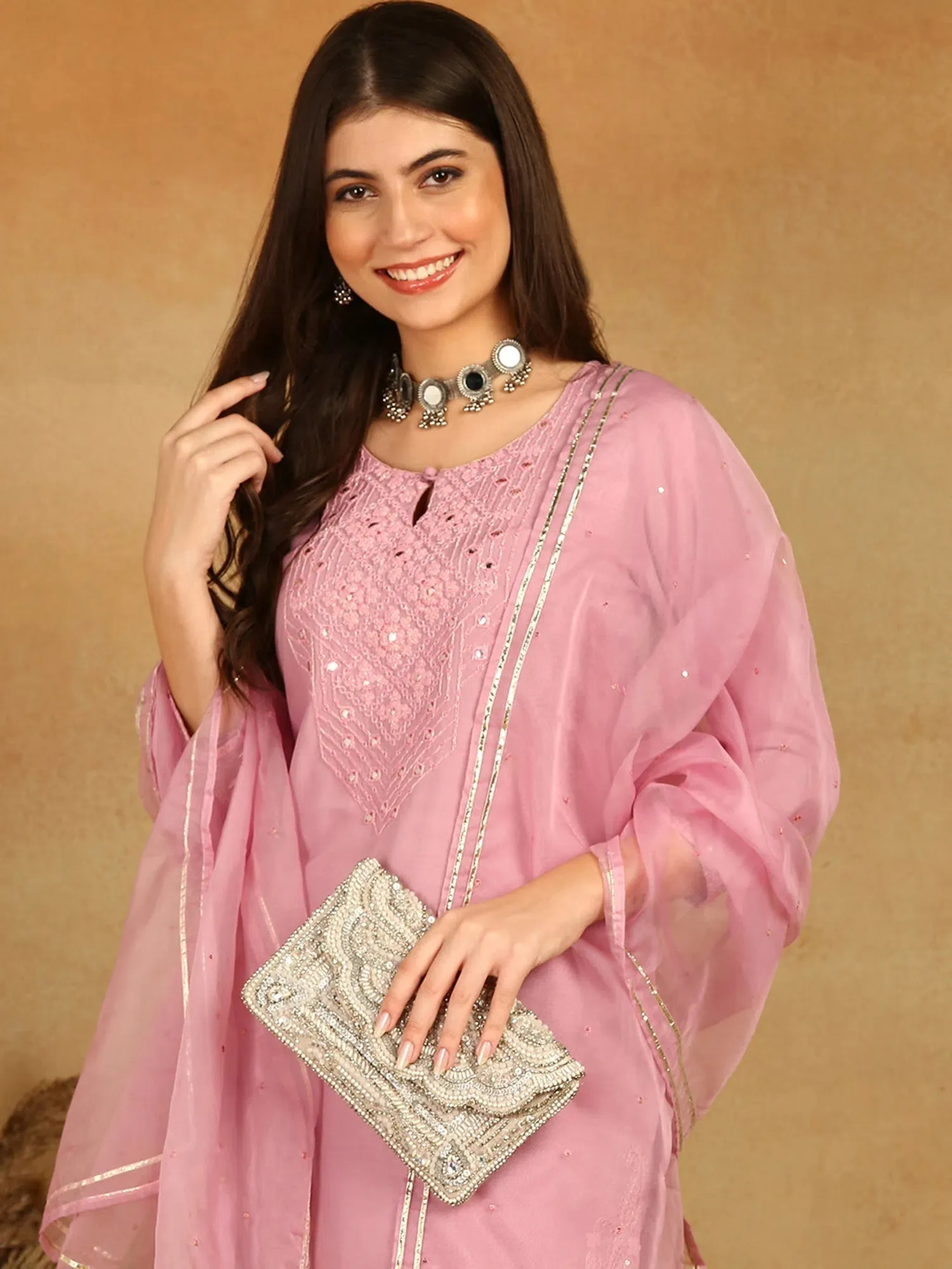 Ahika Women Pink Silk Blend Solid Yoke Design Straight Kurta Trouser With Dupatta-PKSKD2501PNK