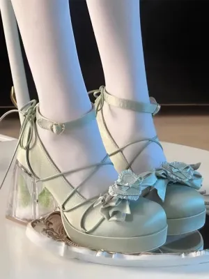 binfenxie  -  Elegant High Heel 9cm Women's Feminine Bow Pumps Square Heel Pu Round Toe Casual Buckle Strap Lolita Shoes