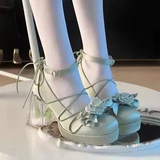 binfenxie  -  Elegant High Heel 9cm Women's Feminine Bow Pumps Square Heel Pu Round Toe Casual Buckle Strap Lolita Shoes
