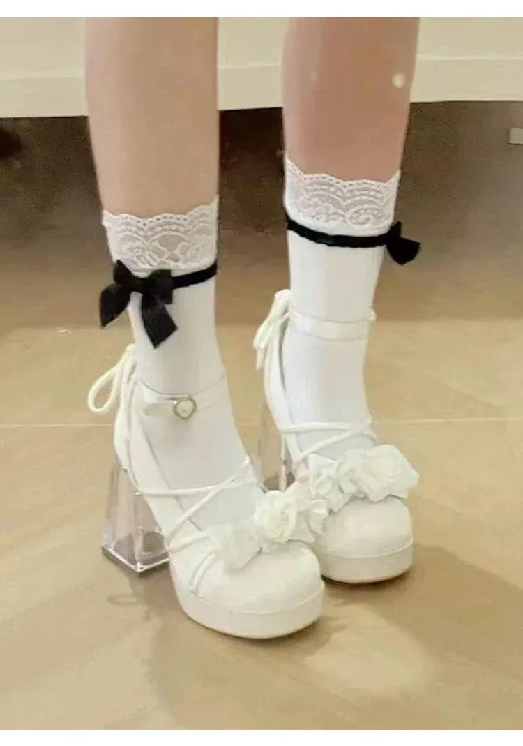 binfenxie  -  Elegant High Heel 9cm Women's Feminine Bow Pumps Square Heel Pu Round Toe Casual Buckle Strap Lolita Shoes