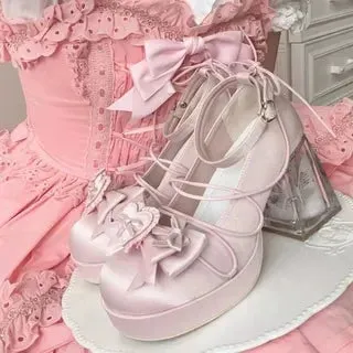 binfenxie  -  Elegant High Heel 9cm Women's Feminine Bow Pumps Square Heel Pu Round Toe Casual Buckle Strap Lolita Shoes