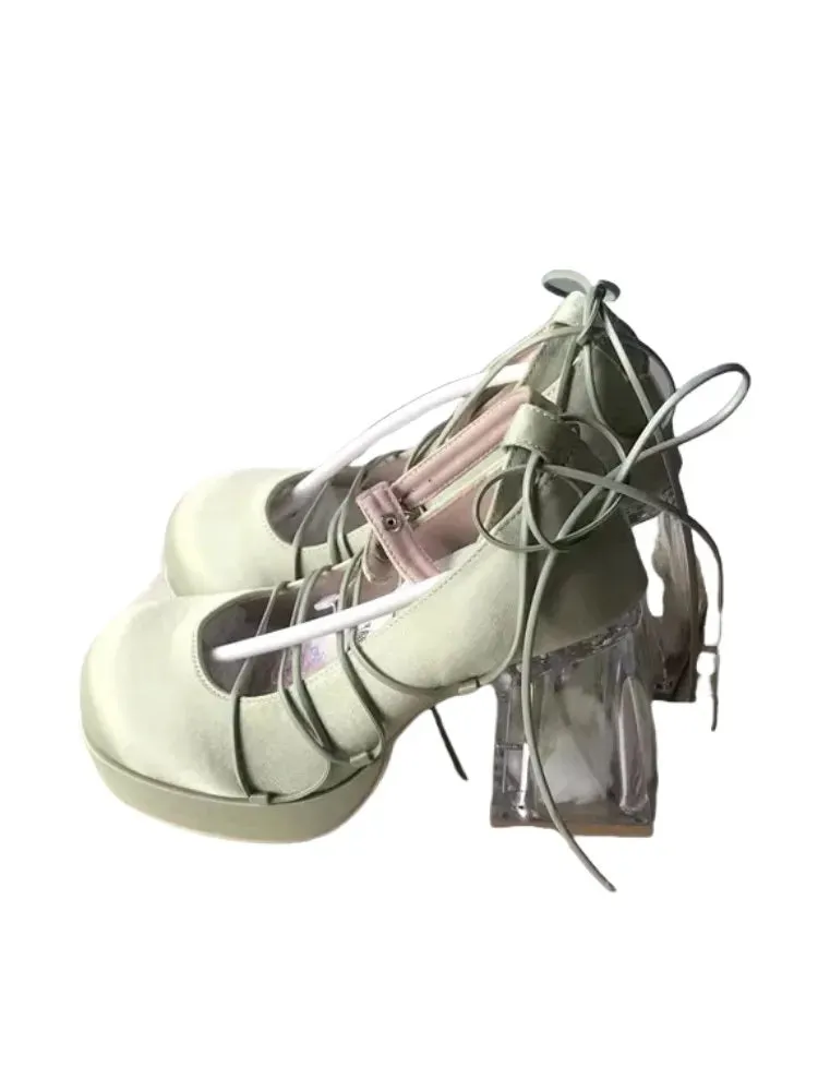 binfenxie  -  Elegant High Heel 9cm Women's Feminine Bow Pumps Square Heel Pu Round Toe Casual Buckle Strap Lolita Shoes
