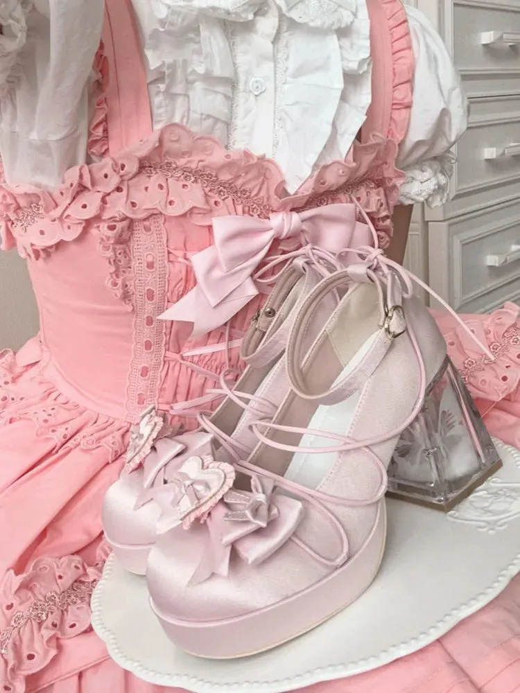 binfenxie  -  Elegant High Heel 9cm Women's Feminine Bow Pumps Square Heel Pu Round Toe Casual Buckle Strap Lolita Shoes