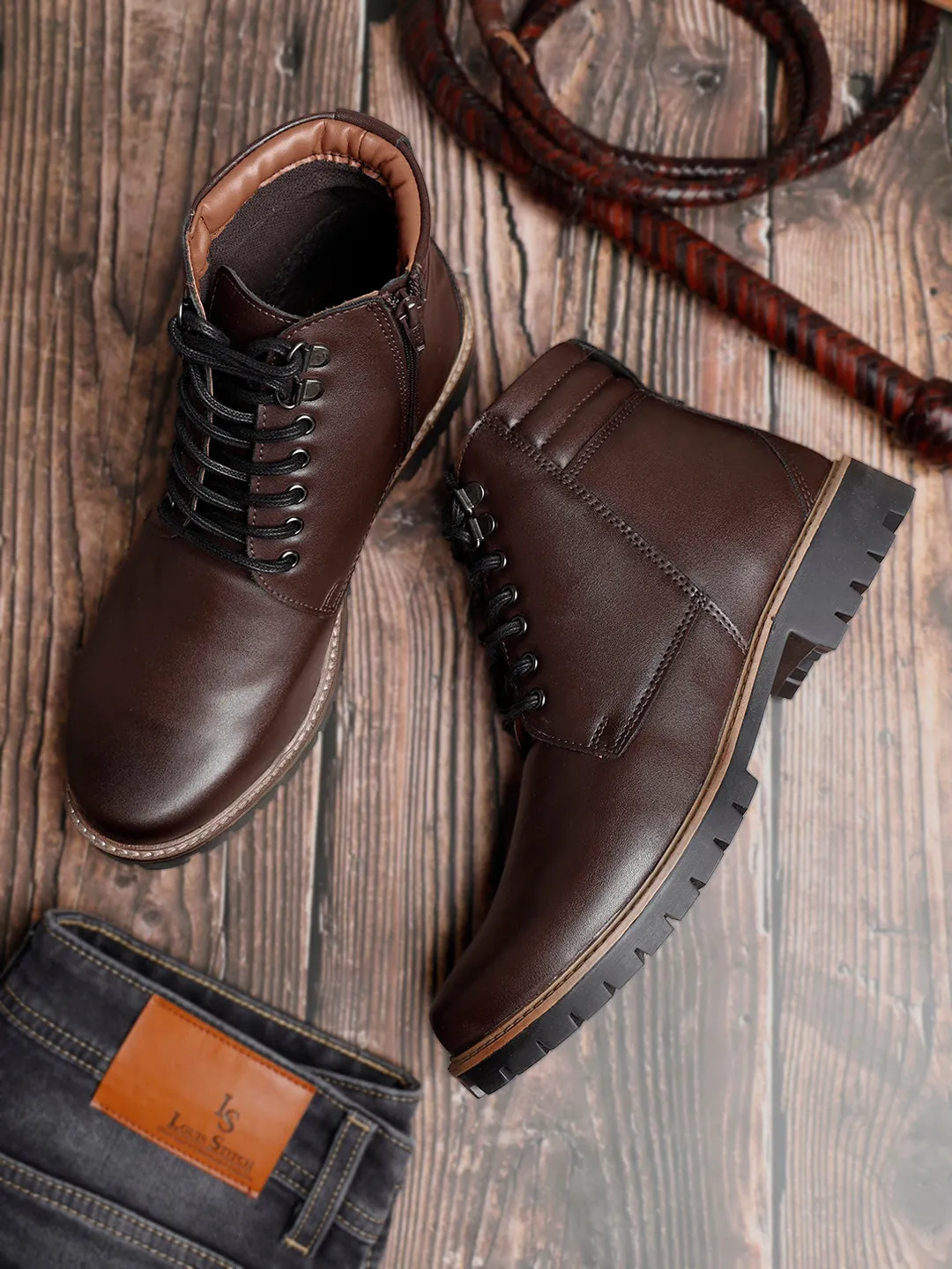 Brunette Brown Derby Lace Up Chain Boots