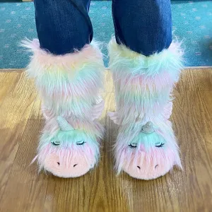 Fuzzy, Cozy, Warm Rainbow Unicorn Slippers - Plush Slipper Socks (Adult)