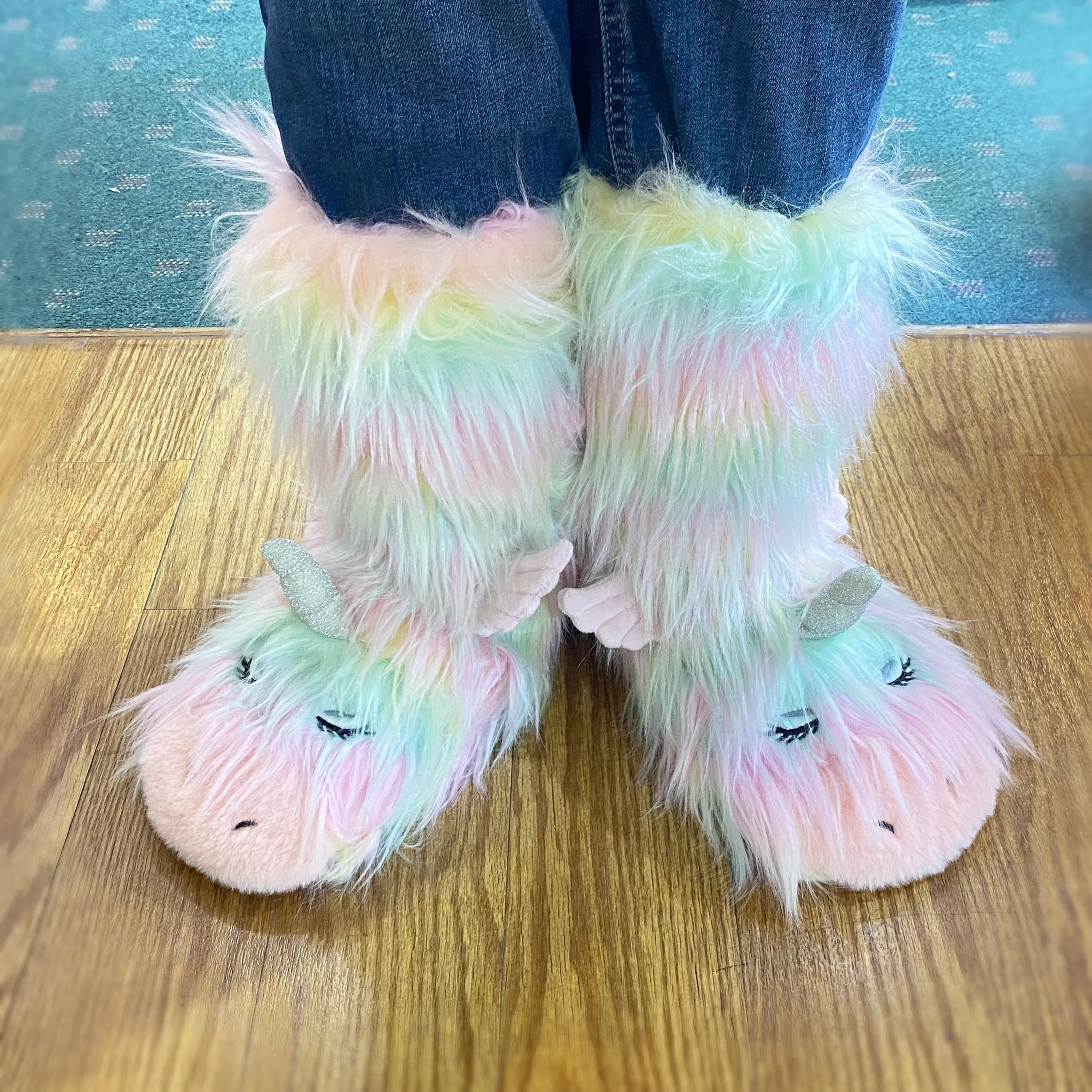 Fuzzy, Cozy, Warm Rainbow Unicorn Slippers - Plush Slipper Socks (Adult)