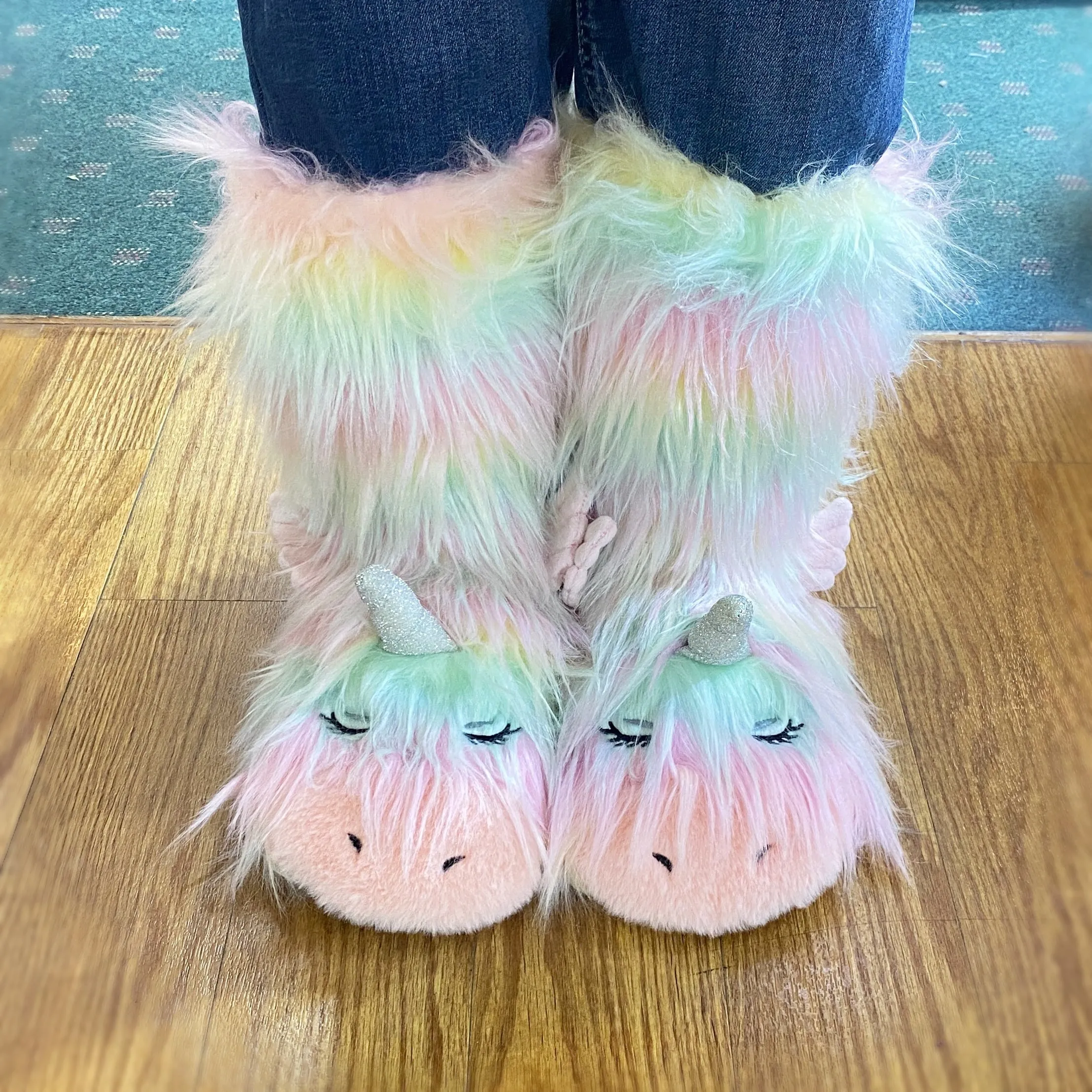 Fuzzy, Cozy, Warm Rainbow Unicorn Slippers - Plush Slipper Socks (Adult)