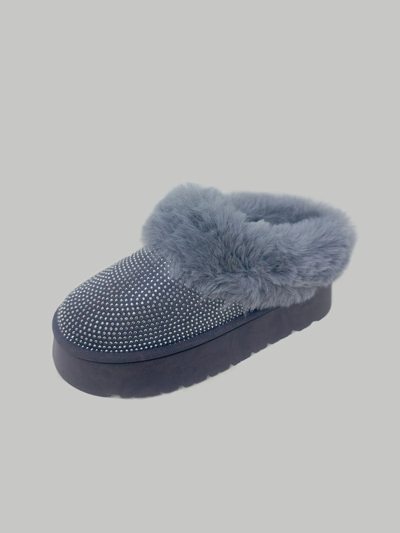 Gray Rhinestone Fuzzy Suede Platform Slippers