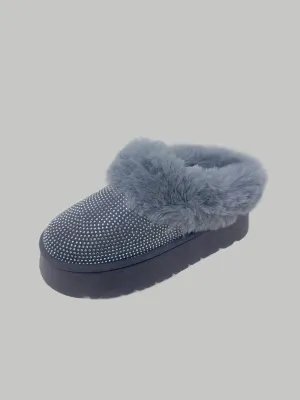 Gray Rhinestone Fuzzy Suede Platform Slippers