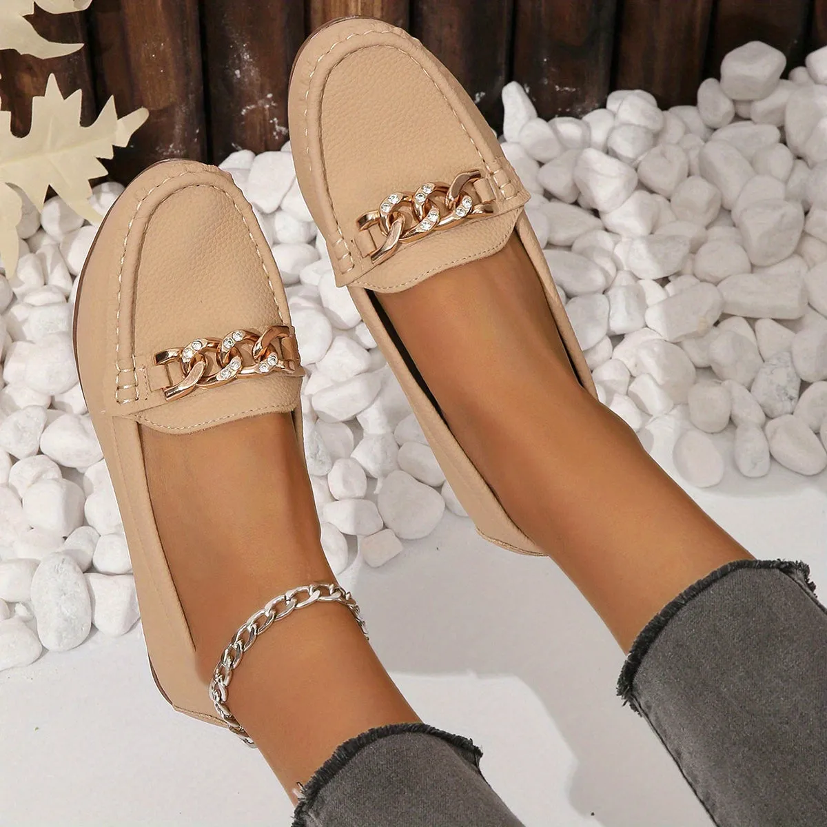 Loafers met kettingdecor - Lichtgewicht slip-on schoenen met ronde neus