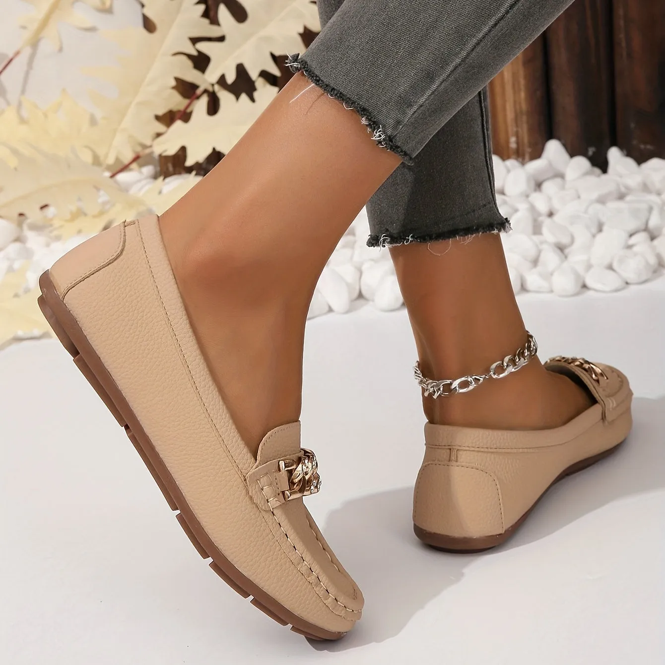 Loafers met kettingdecor - Lichtgewicht slip-on schoenen met ronde neus