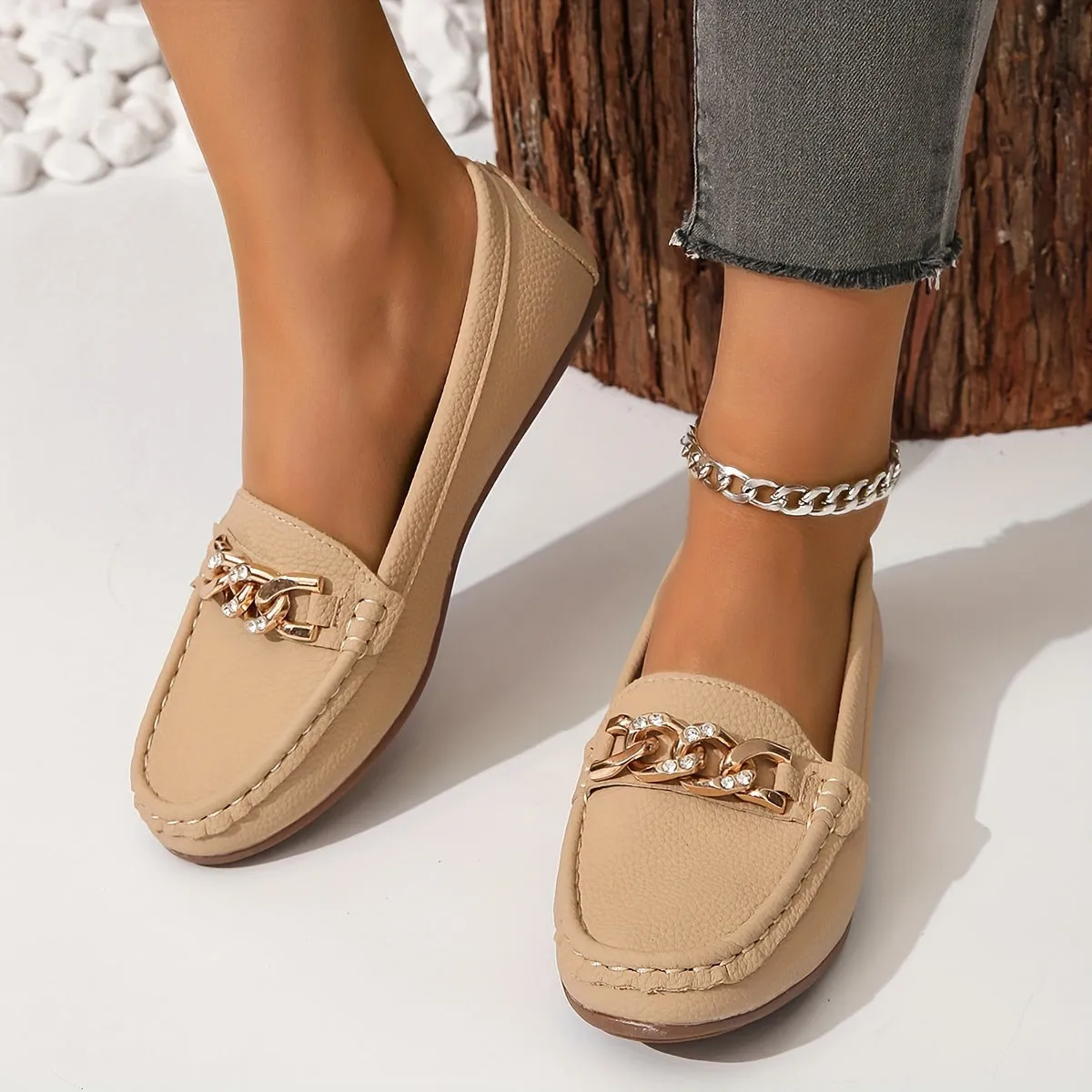 Loafers met kettingdecor - Lichtgewicht slip-on schoenen met ronde neus
