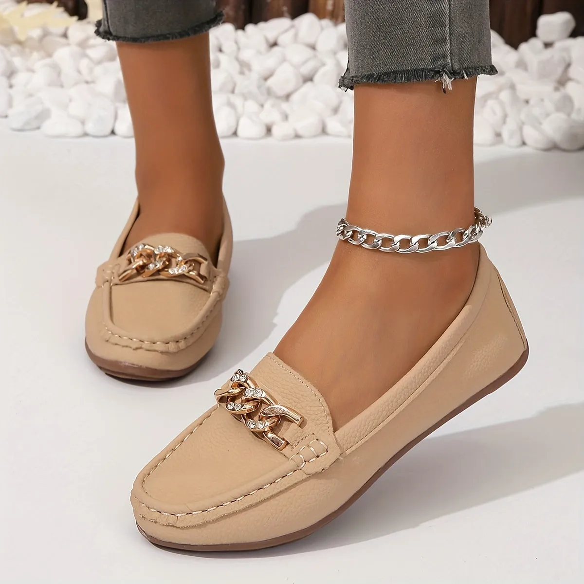 Loafers met kettingdecor - Lichtgewicht slip-on schoenen met ronde neus