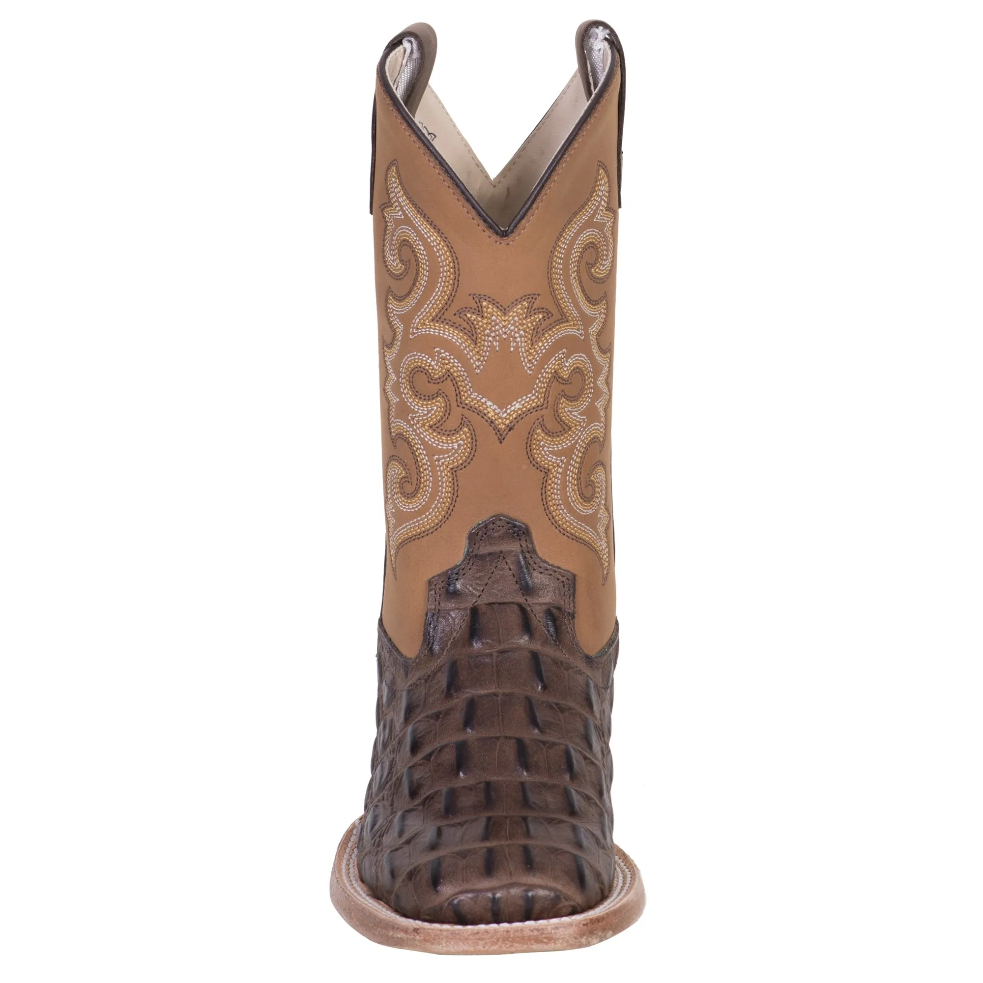 Old West Brown/Tan Kids Boys Leather Caiman Cowboy Boots 10D