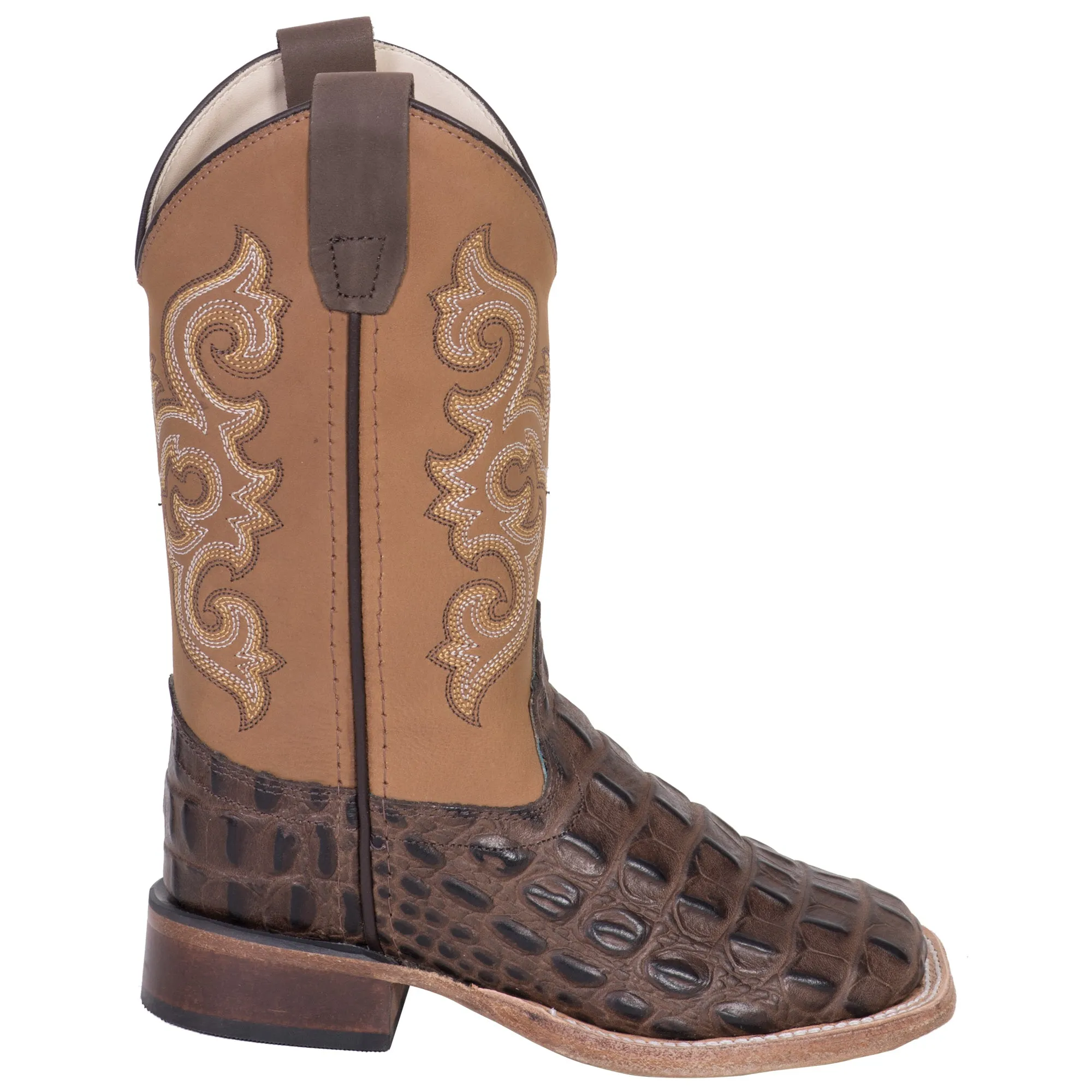 Old West Brown/Tan Kids Boys Leather Caiman Cowboy Boots 10D