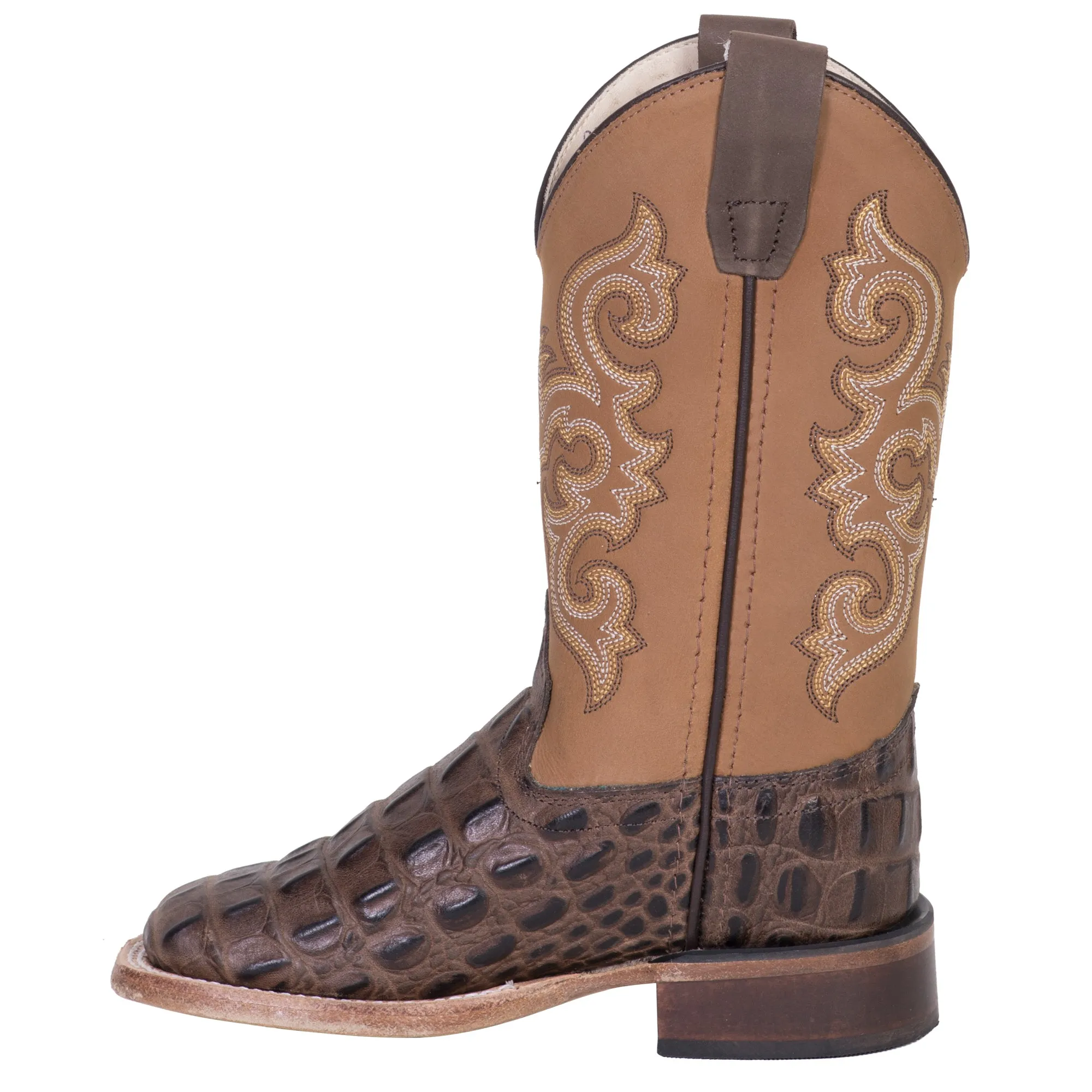 Old West Brown/Tan Kids Boys Leather Caiman Cowboy Boots 10D