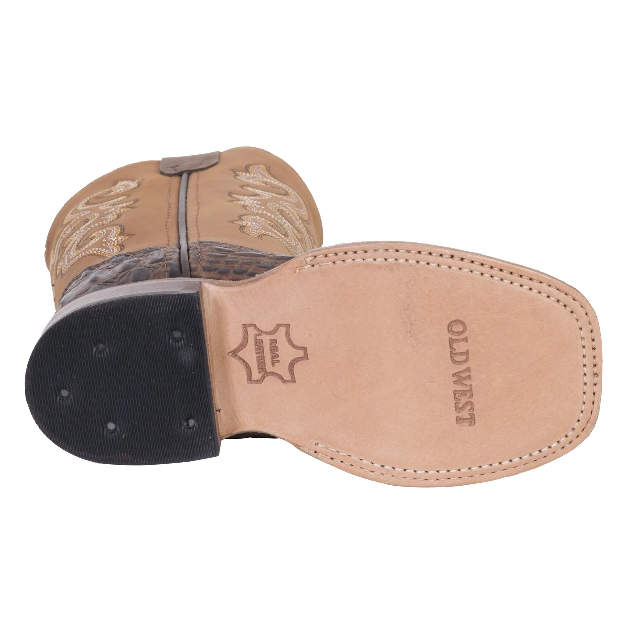 Old West Brown/Tan Kids Boys Leather Caiman Cowboy Boots 10D