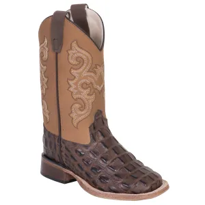 Old West Brown/Tan Kids Boys Leather Caiman Cowboy Boots 10D