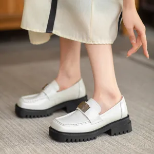 Women Retro Leather Chunky Sole Square Head Loafers