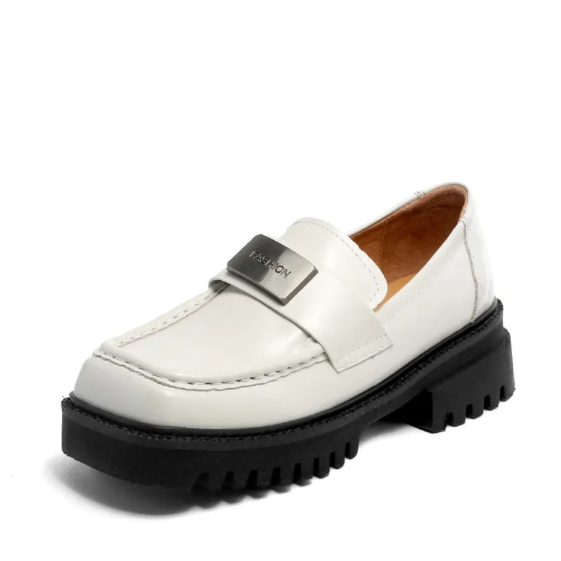 Women Retro Leather Chunky Sole Square Head Loafers
