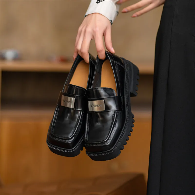 Women Retro Leather Chunky Sole Square Head Loafers