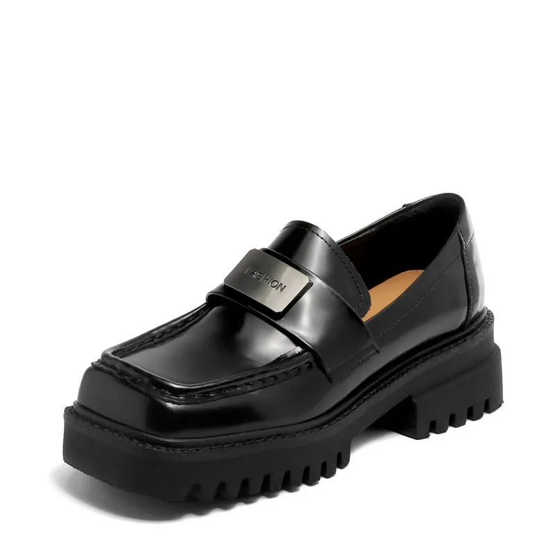 Women Retro Leather Chunky Sole Square Head Loafers
