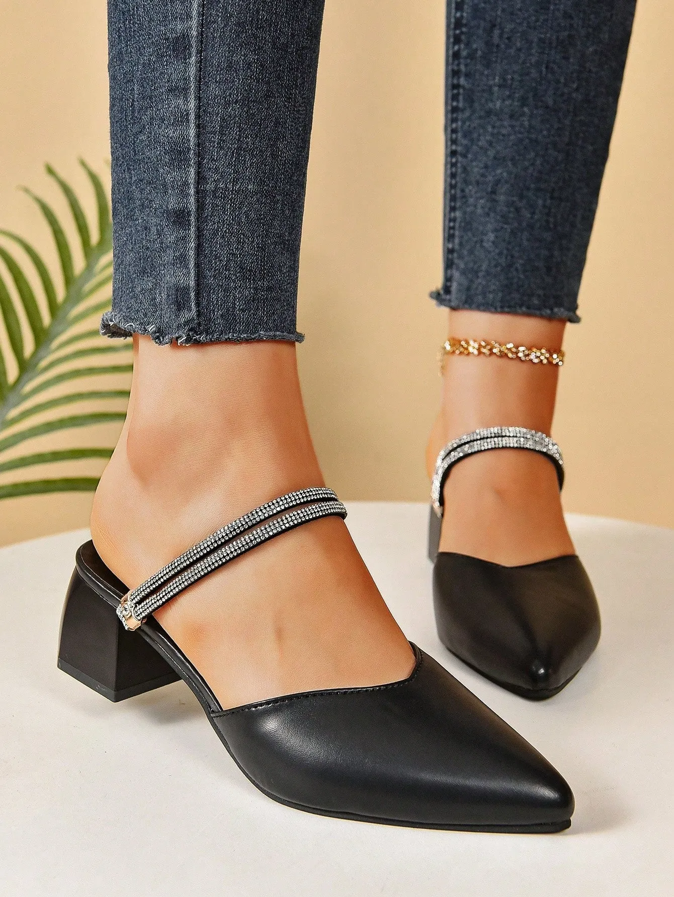Women's Autumn Crystal Embellished Slip-On High Heel Mule Shoes