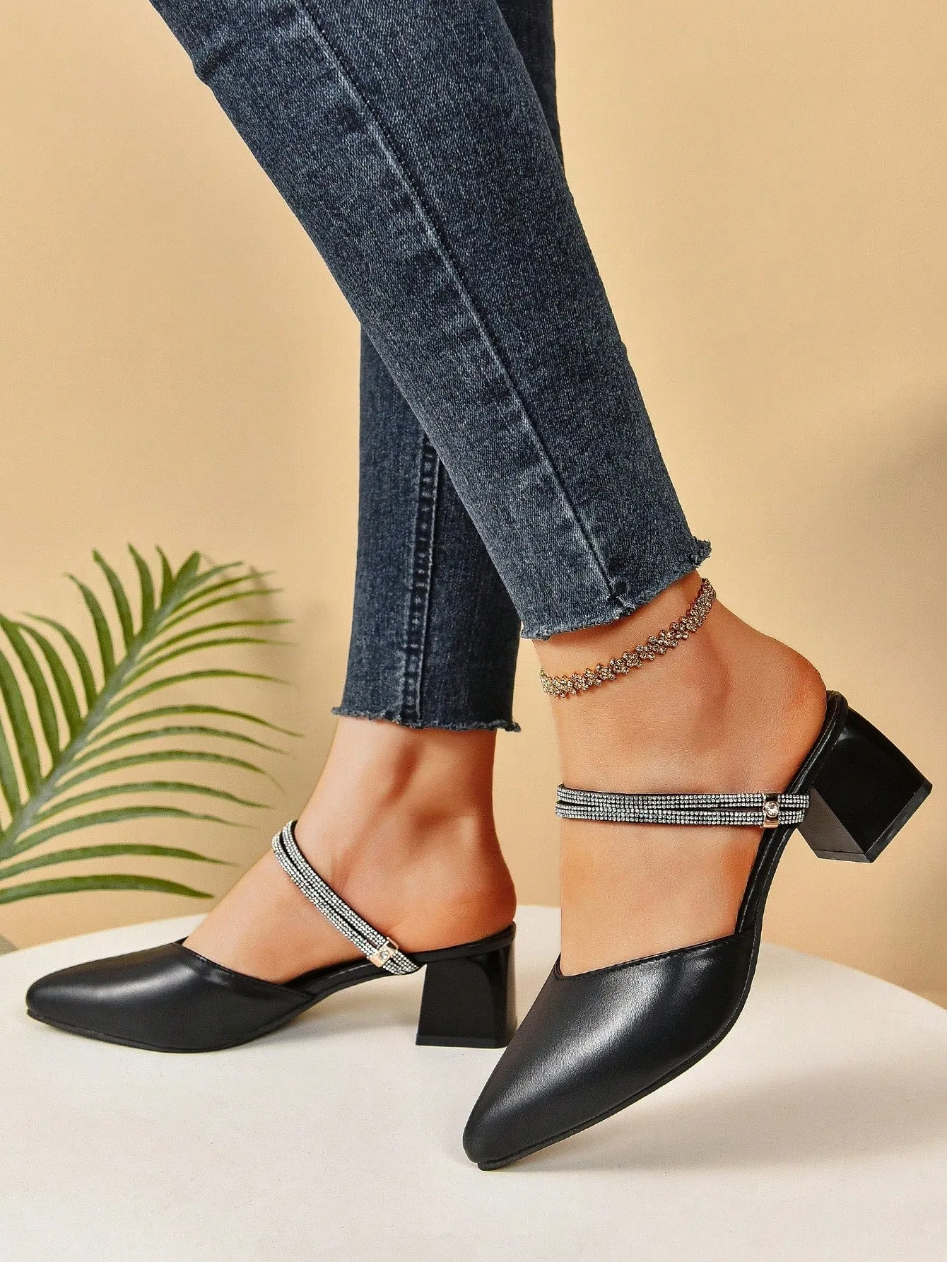 Women's Autumn Crystal Embellished Slip-On High Heel Mule Shoes