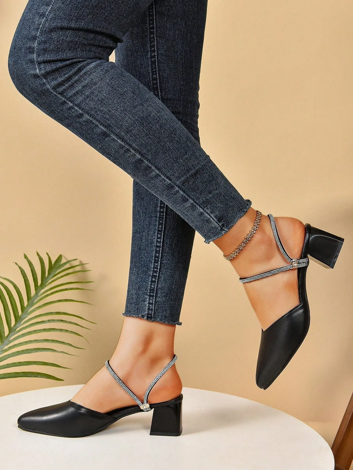 Women's Autumn Crystal Embellished Slip-On High Heel Mule Shoes