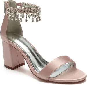 Women's Block Heel Sandals Satin Chunky Ankle Strap Crystal Wedding Dress Shoes High Heel Bride Pumps for Prom Party