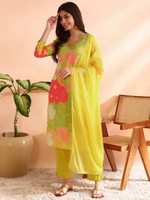 Yellow Rayon Blend Floral Print 3-Piece Kurta Set