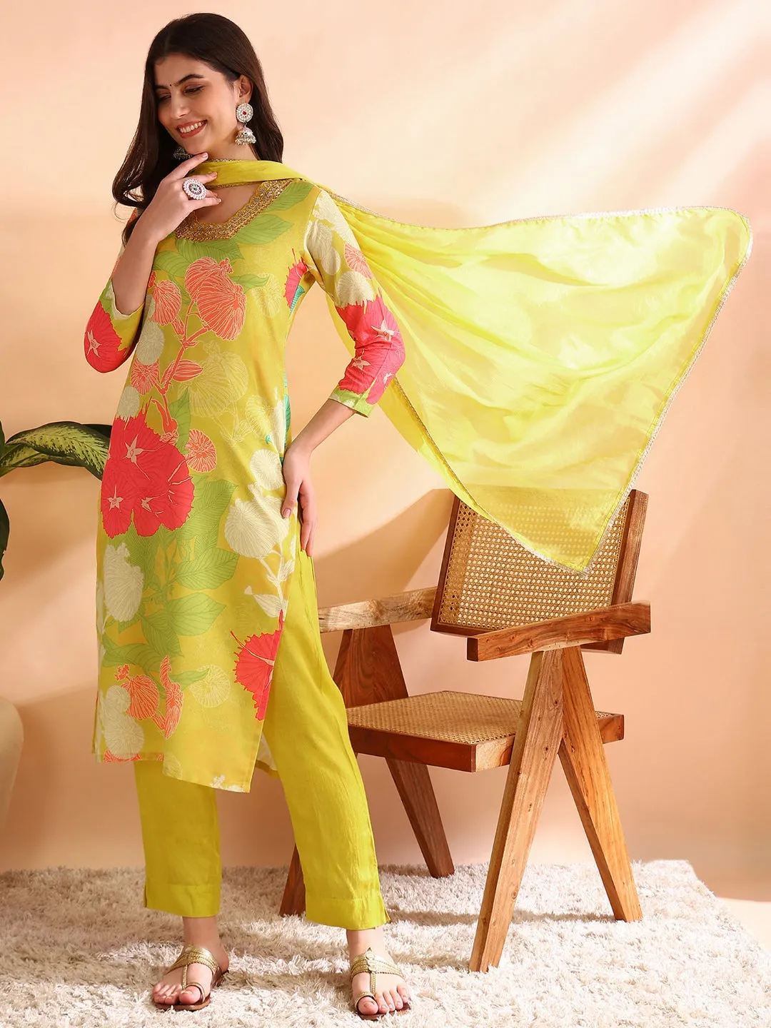 Yellow Rayon Blend Floral Print 3-Piece Kurta Set