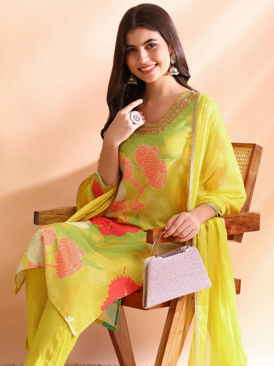 Yellow Rayon Blend Floral Print 3-Piece Kurta Set