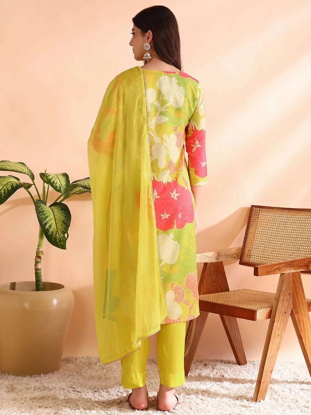 Yellow Rayon Blend Floral Print 3-Piece Kurta Set