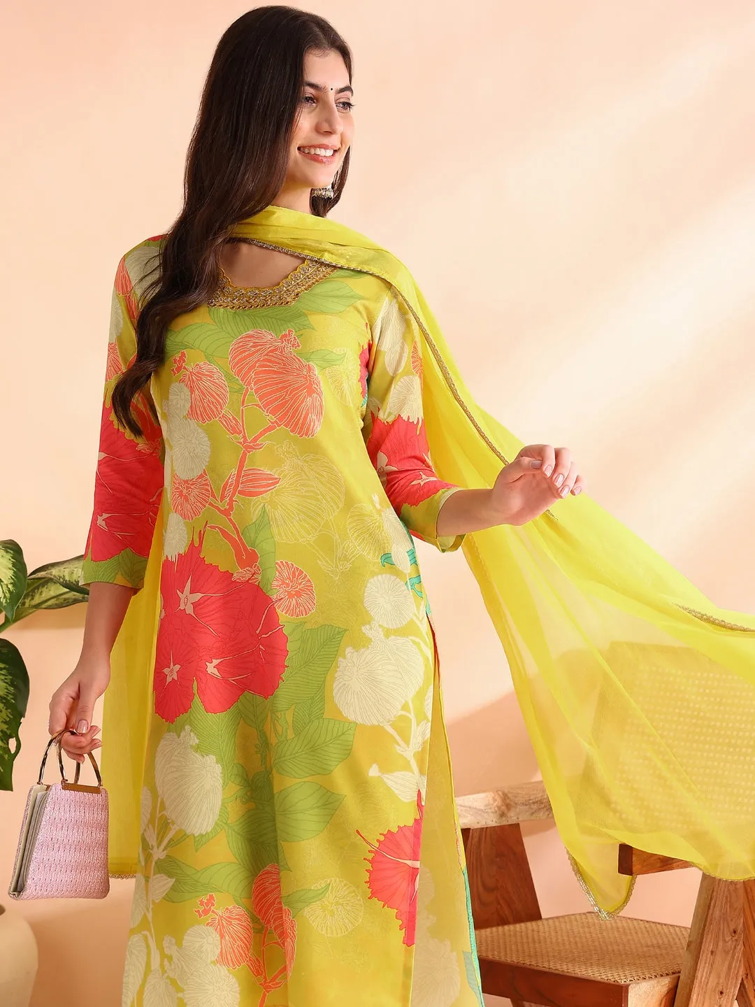 Yellow Rayon Blend Floral Print 3-Piece Kurta Set